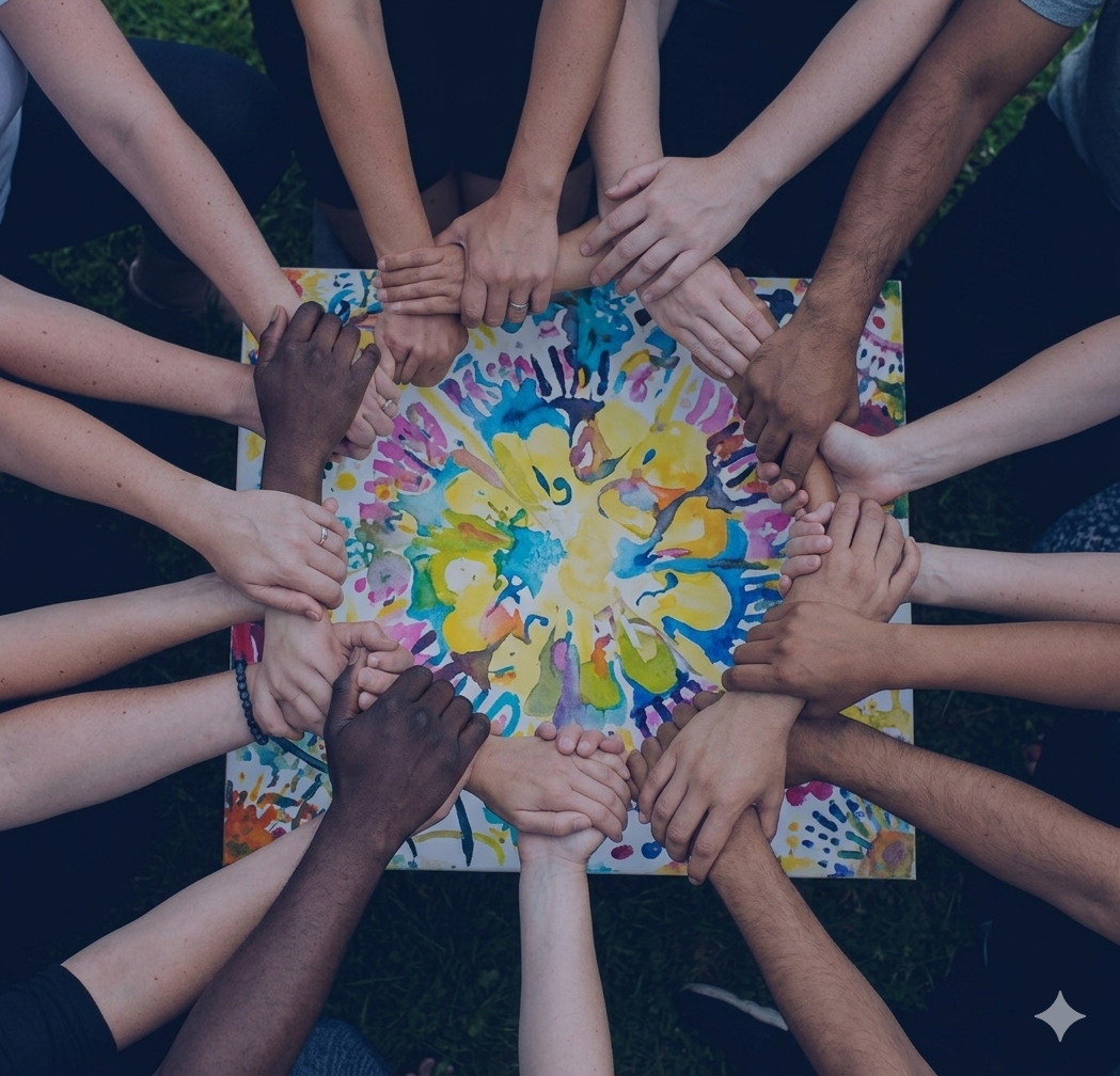 Cercle de mains de diverses ethnies et genres s'unissant, symbolisant l'intelligence collective et la maîtrise des coaches professionnels. Cerchio di mani di diverse etnie e generi che si uniscono, simboleggiando l'intelligenza collettiva e la maestria dei coach professionisti. A circle of hands from diverse ethnicities and genders joining together, symbolizing collective intelligence and professional coaching mastery.